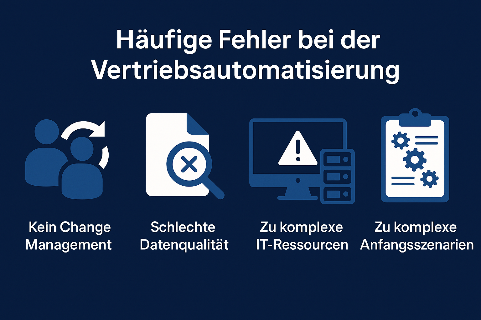 Infographic on a dark blue background titled 'Frequent Mistakes in Sales Automation'. Four common mistakes are illustrated with blue and white icons and text: No Change Management (Group of people with a circular arrow), Poor Data Quality (Document under a magnifying glass with an 'x'), Too Complex IT Resources (Computer screen with an exclamation mark and server rack), and Too Complex Initial Scenarios (Clipboard with gears).