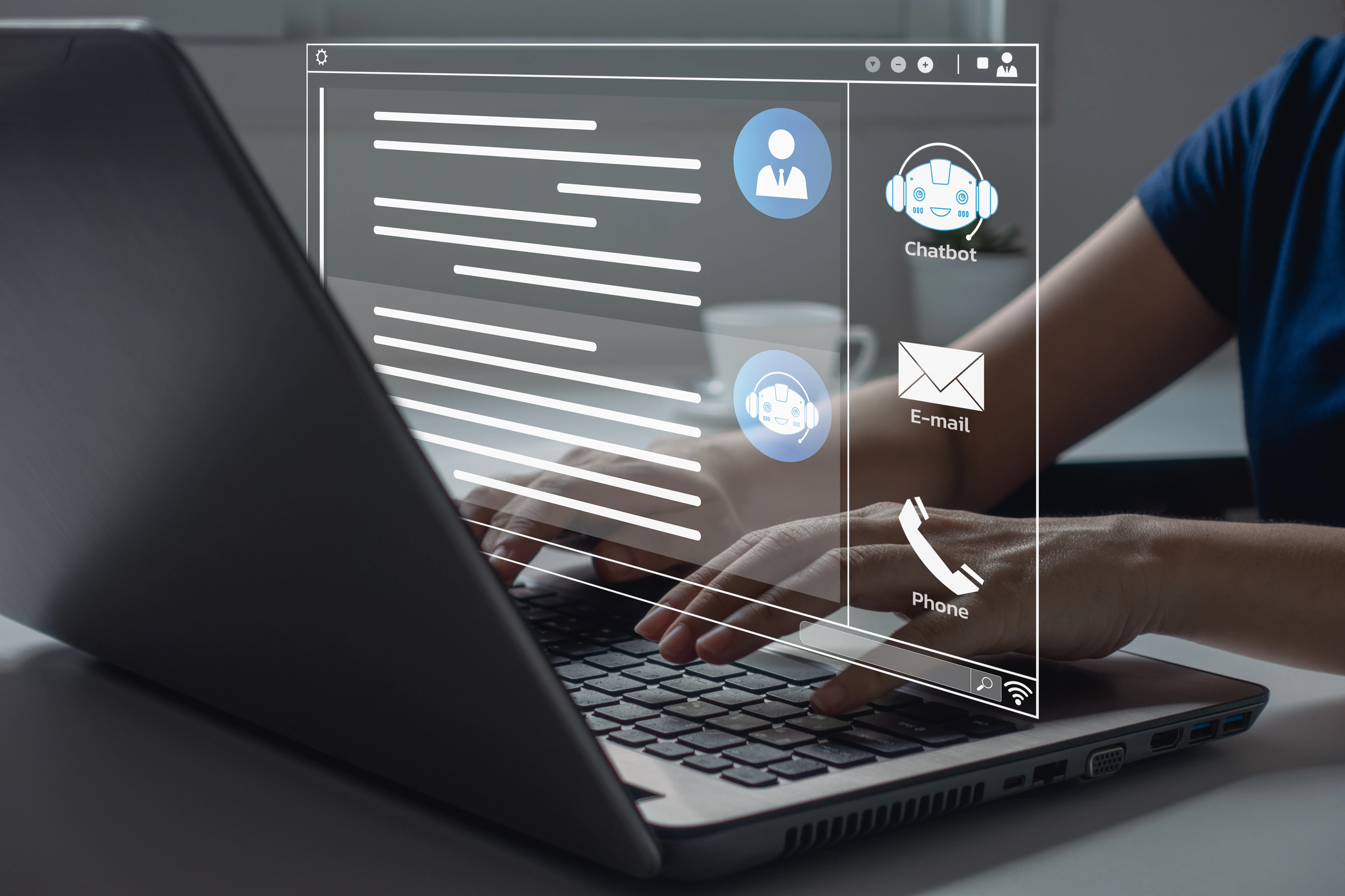 Close-up of a person typing on a laptop, with a glowing blue, holographic AI chatbot icon and chat bubbles projected above the keyboard.