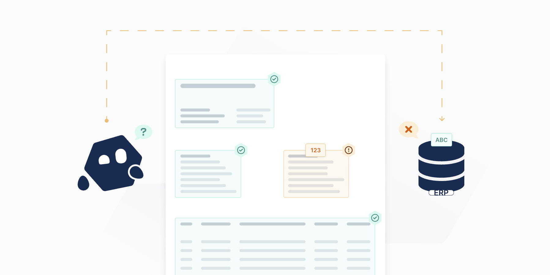 Illustration of AI-powered document processing where data fields are verified, showing successful checks and a flagged field, before integration into an ERP system.