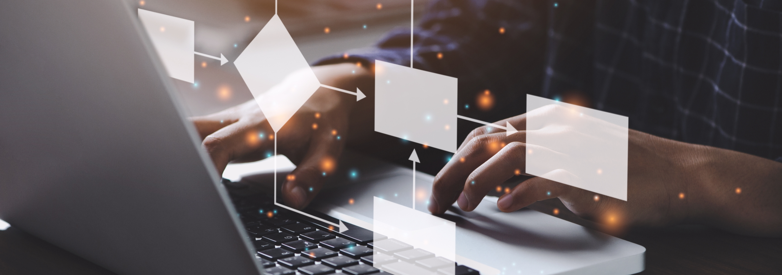 Hands typing on a laptop with a translucent flowchart overlay and glowing data points, symbolizing process automation and digital workflow optimization.