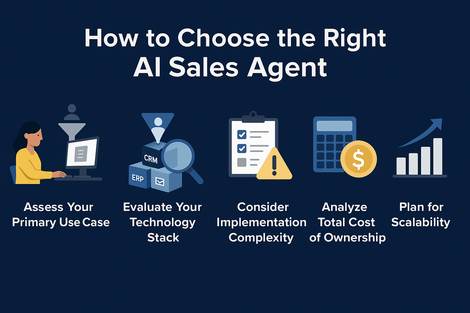 Illustration titled “How to Choose the Right AI Sales Agent,” showing five steps with icons: assessing your primary use case, evaluating your technology stack, considering implementation complexity, analyzing total cost of ownership, and planning for scalability. A woman at a computer and various business-related graphics appear on a dark blue background.