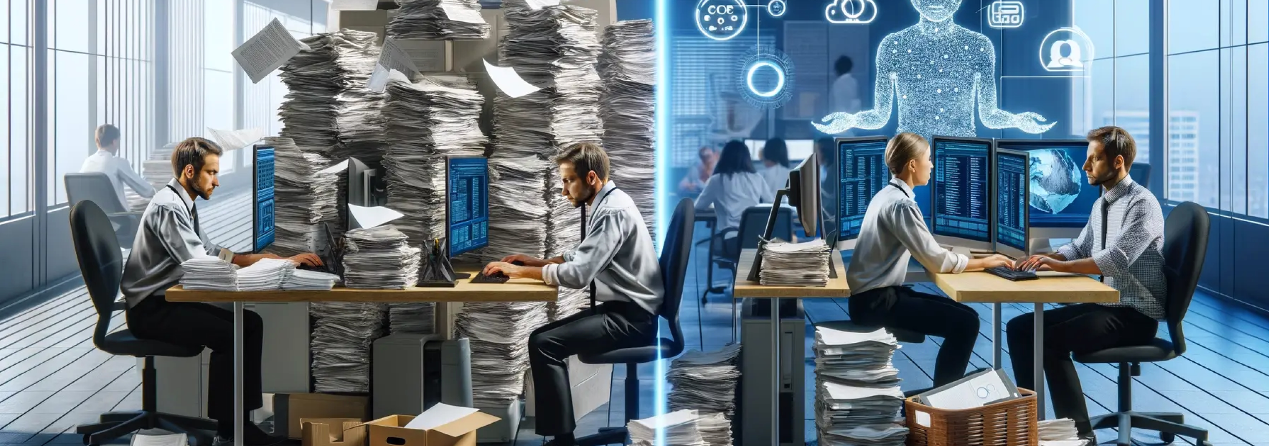 An office scene depicting the evolution from manual to automated processes. On the left, a frustrated employee is overwhelmed by paper stacks and manually enters data on a computer. On the right, a relaxed employee oversees a streamlined digital workflow displayed on multiple monitors, enhanced by AI technology icons like OCR and analytics. The setting includes modern office furnishings, illustrating the shift from traditional to advanced work methods.