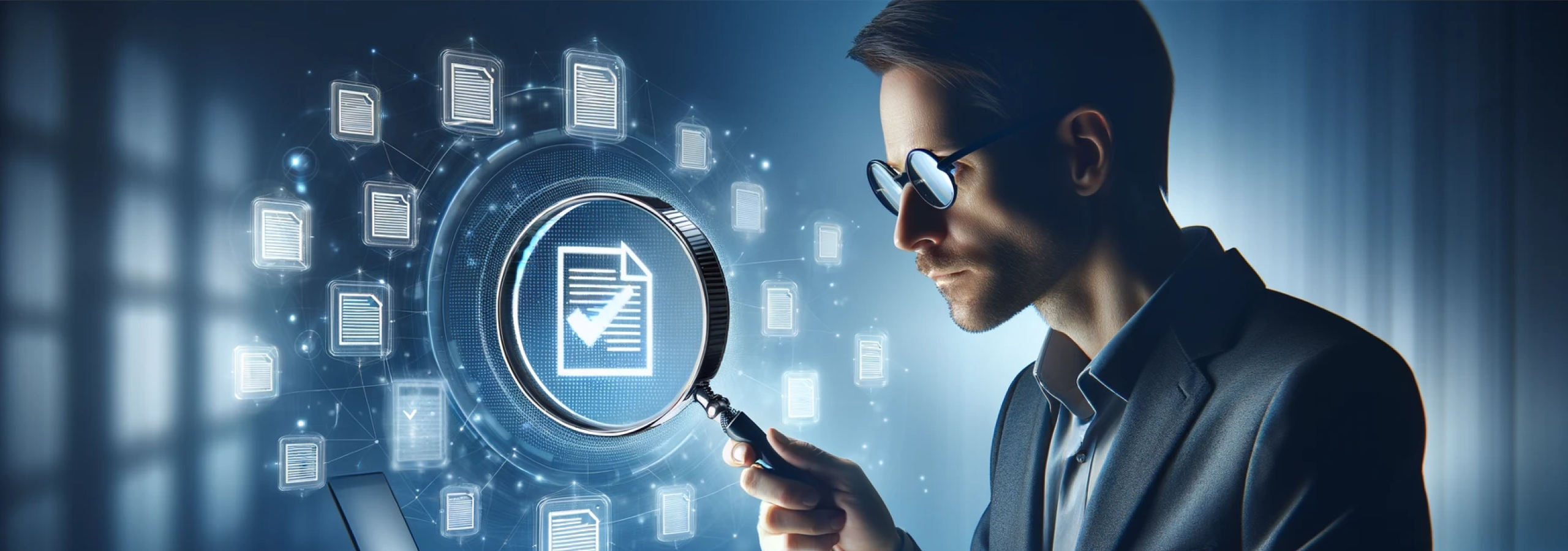 A professional sitting at a desk, intently examining a digital document icon with a checkmark through a magnifying glass, signifying successful automation in document processing, with a backdrop of floating document icons and a modern, tech-oriented ambiance.