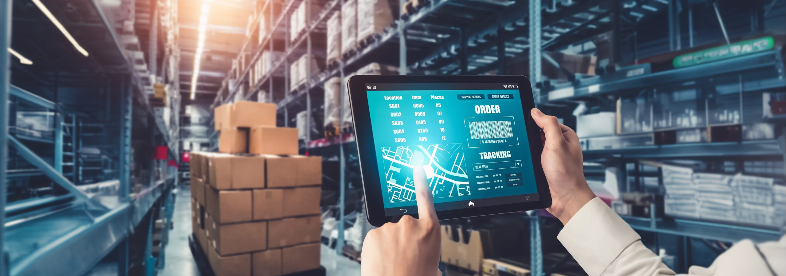 A person is holding a tablet in a warehouse setting. The tablet displays a digital interface for order tracking, including item locations, quantities, and a map. In the background, there are shelves filled with boxes and packages, highlighting the organized storage environment of the warehouse. The scene conveys the use of technology in logistics and inventory management.