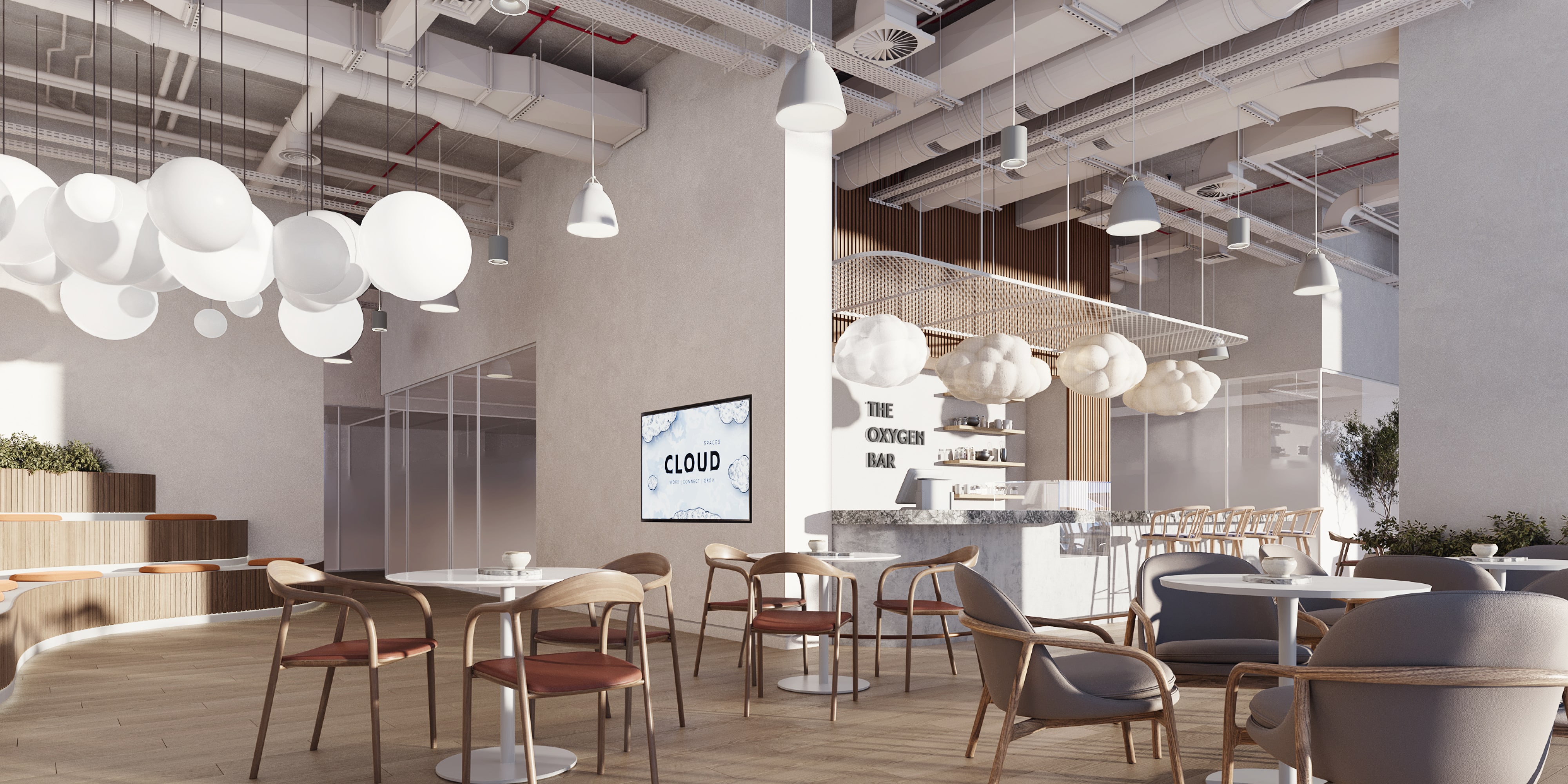 مقهى أوكسجين بار داخل كلاود سبيسز يقدم المرطبات ومقاعد استراحة مريحة