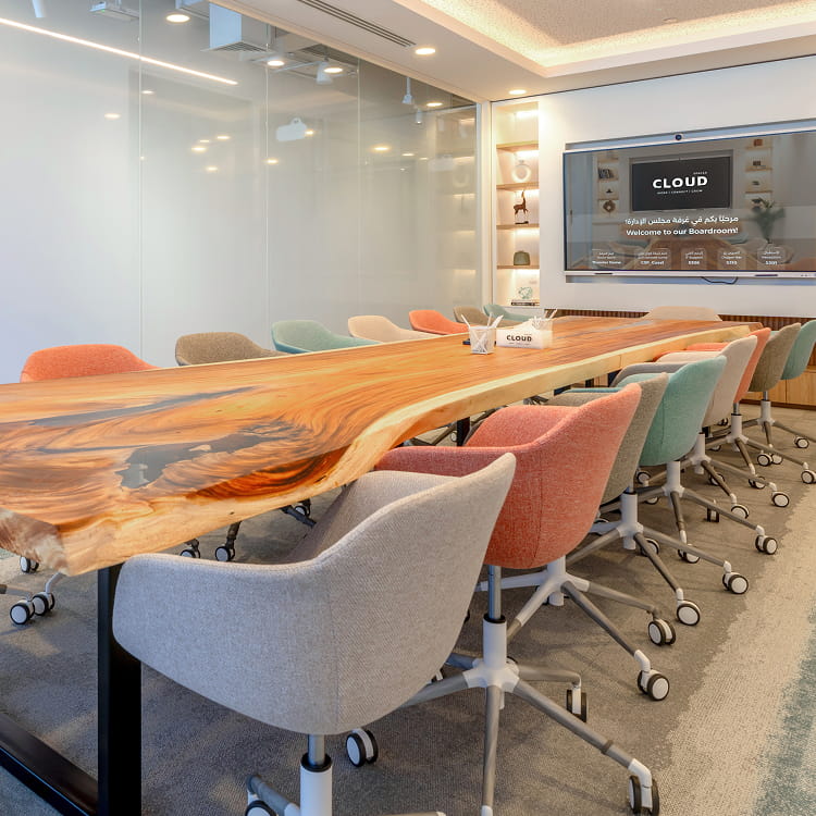 Spacious boardroom at Cloud Spaces Roshn Front Riyadh with panoramic city views
