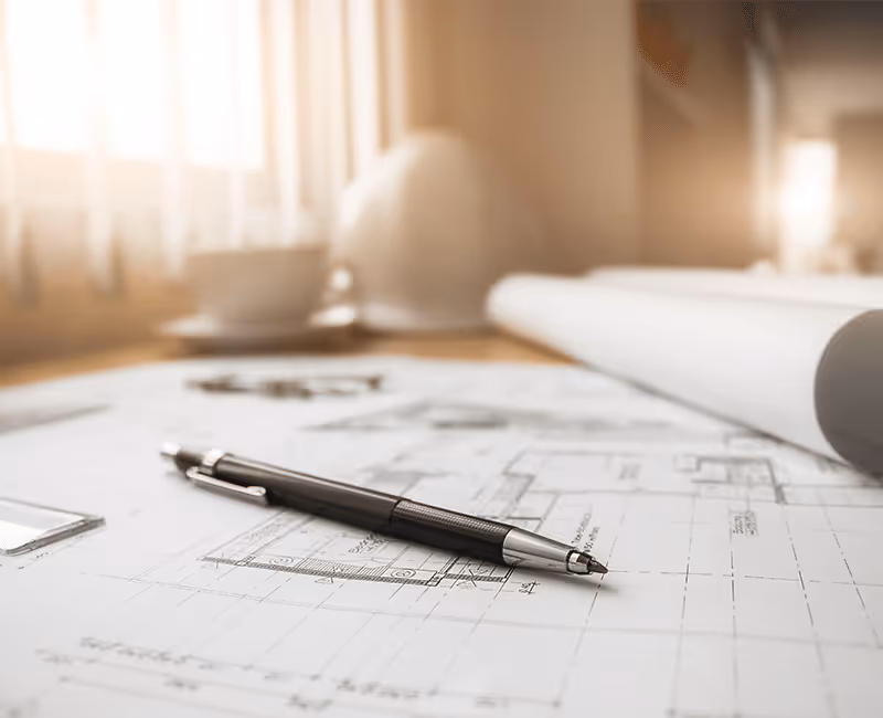 Stylo posé sur des plans architecturaux avec un casque de chantier et une tasse en arrière-plan près d'une fenêtre lumineuse.