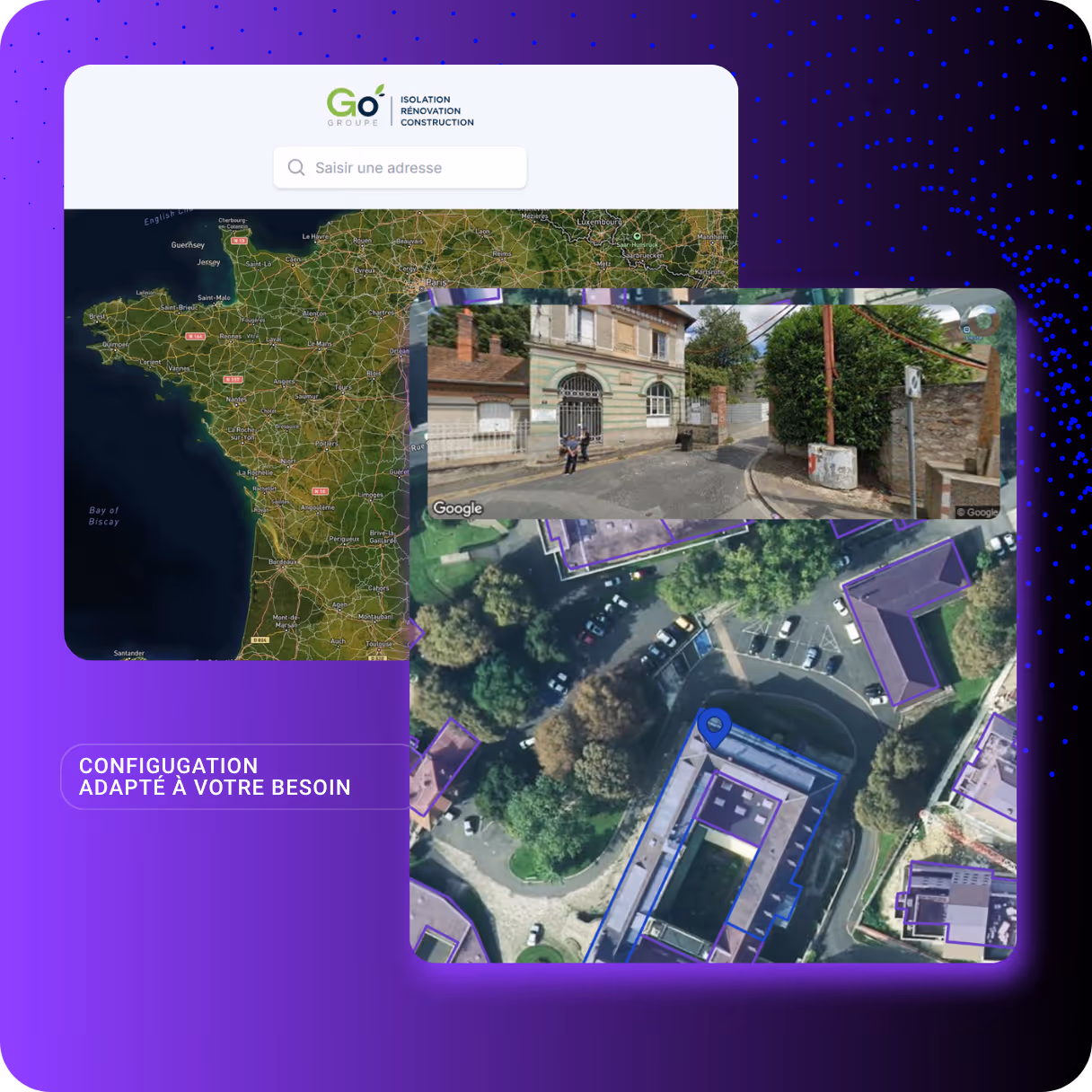 Carte satellite de la France avec une interface de recherche d'adresse, vue aérienne et panorama Google Street View d’un quartier urbain.