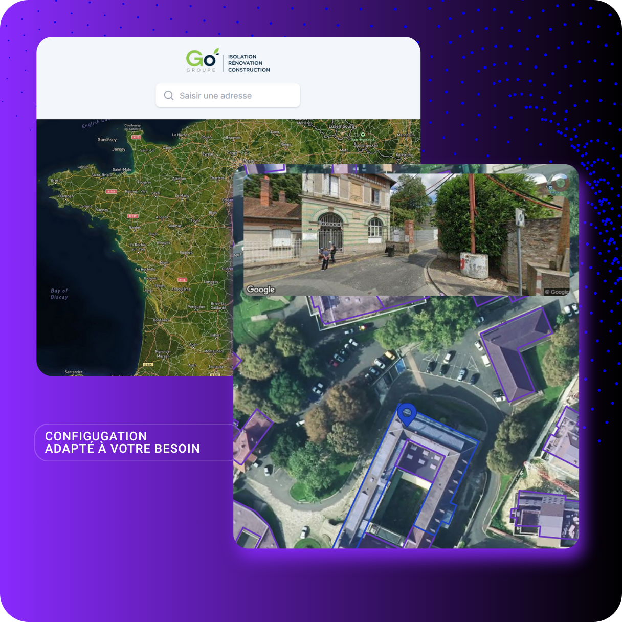 Carte satellite de la France avec une interface de recherche d'adresse, vue aérienne et panorama Google Street View d’un quartier urbain.