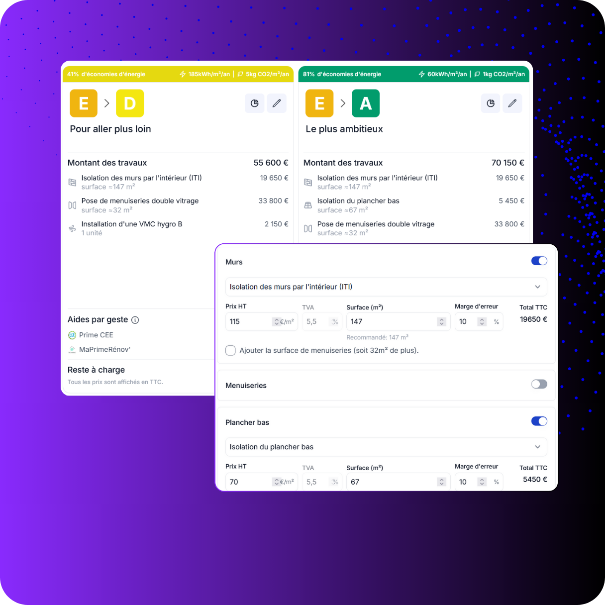 Comparaison de deux plans de travaux d'isolation avec économies d'énergie et montants détaillés pour murs, menuiseries et plancher bas, incluant aides financières.
