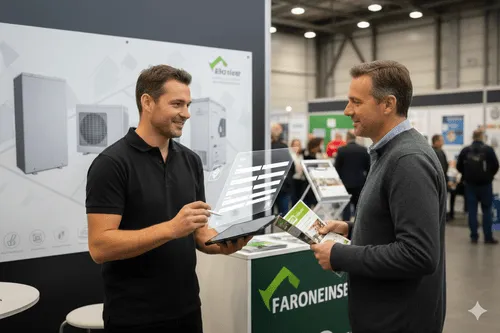 Deux hommes discutent à un stand d'exposition sur les solutions énergétiques, avec un homme tenant une tablette affichant un écran holographique et l'autre tenant une brochure.
