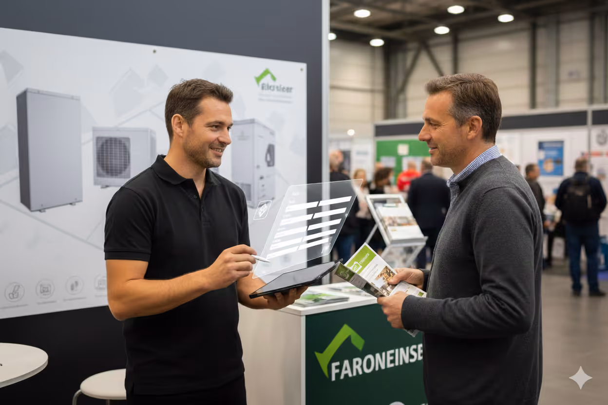 Deux hommes discutent à un stand d'exposition sur les solutions énergétiques, avec un homme tenant une tablette affichant un écran holographique et l'autre tenant une brochure.