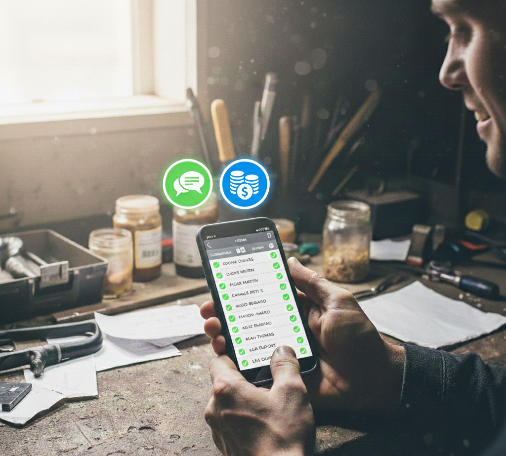 Homme tenant un smartphone avec une liste d'activités terminées sur l'écran, assis à un bureau encombré d'outils et de pots.