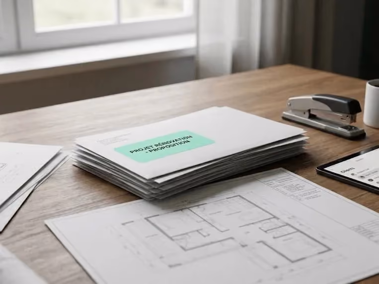 Une pile de dossiers marqués 'Projet rénovation - proposition' posée sur un bureau en bois avec des plans d'architecture, une agrafeuse et une tablette numérique à côté.