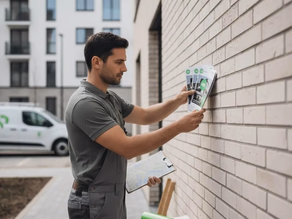Un homme en tenue de travail accroche des prospectus sur un mur extérieur en briques devant un bâtiment moderne.
