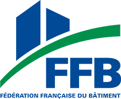 Logo de la Fédération Française du Bâtiment avec des formes abstraites bleues et vertes.