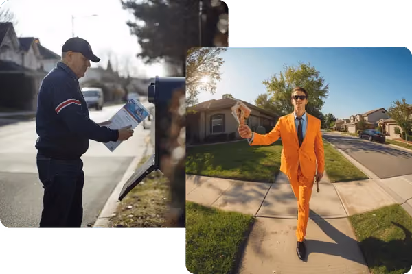 Un facteur en uniforme noir lit une lettre près de sa boîte aux lettres sur un trottoir et un homme en costume orange tenant des billets se tient sur un trottoir résidentiel par une journée ensoleillée.