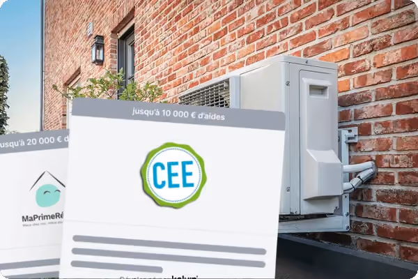 Unité extérieure de climatisation fixée sur un mur en brique avec des documents d'aides financières en premier plan mentionnant jusqu'à 10 000 € d'aides CEE.