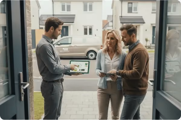 Un agent immobilier montre à un couple un plan de maison sur une tablette devant leur maison.