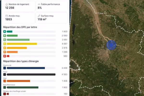 Carte satellite avec un indicateur bleu sur une zone urbaine et à gauche, des statistiques sur le nombre de logements, performances énergétiques par lettres, et répartition des types d’énergie en France.