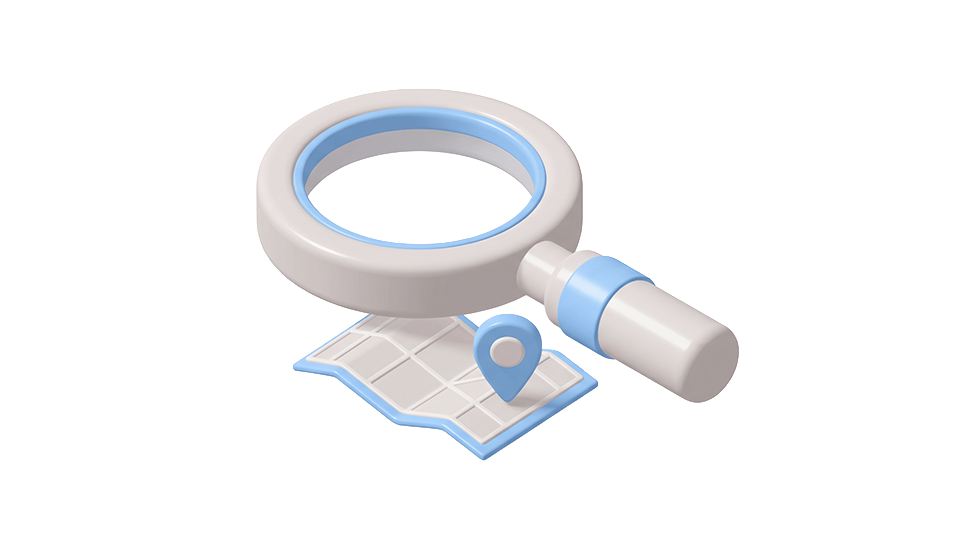 Loupe blanche et bleue au-dessus d'une carte avec un marqueur de localisation bleu.
