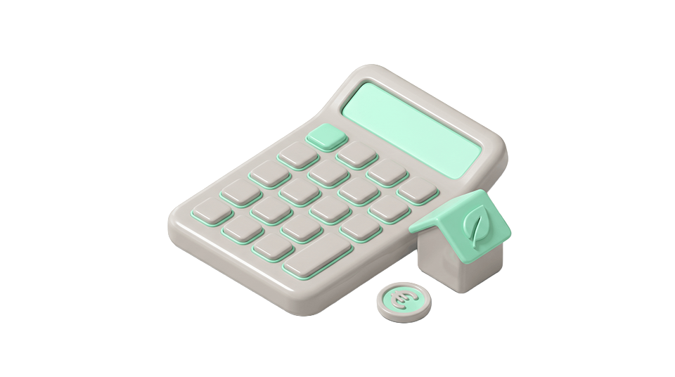 Calculatrice 3D beige avec touches vert clair à côté d'une maison miniature et pièce euro.