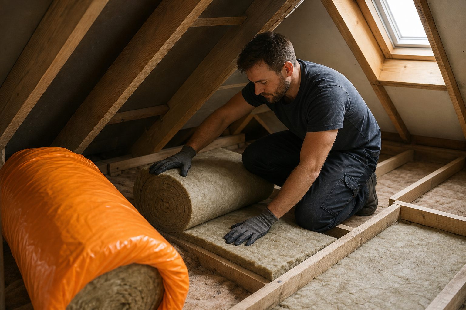 Artisan installant un rouleau d'isolant dans des combles, geste éligible aux CEE