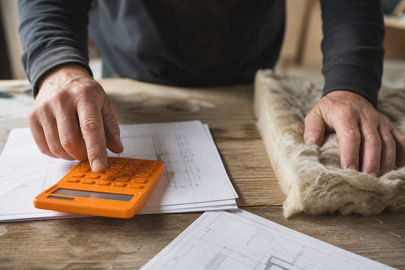 Artisan calculant le montant d'une prime CEE près d'un échantillon d'isolant