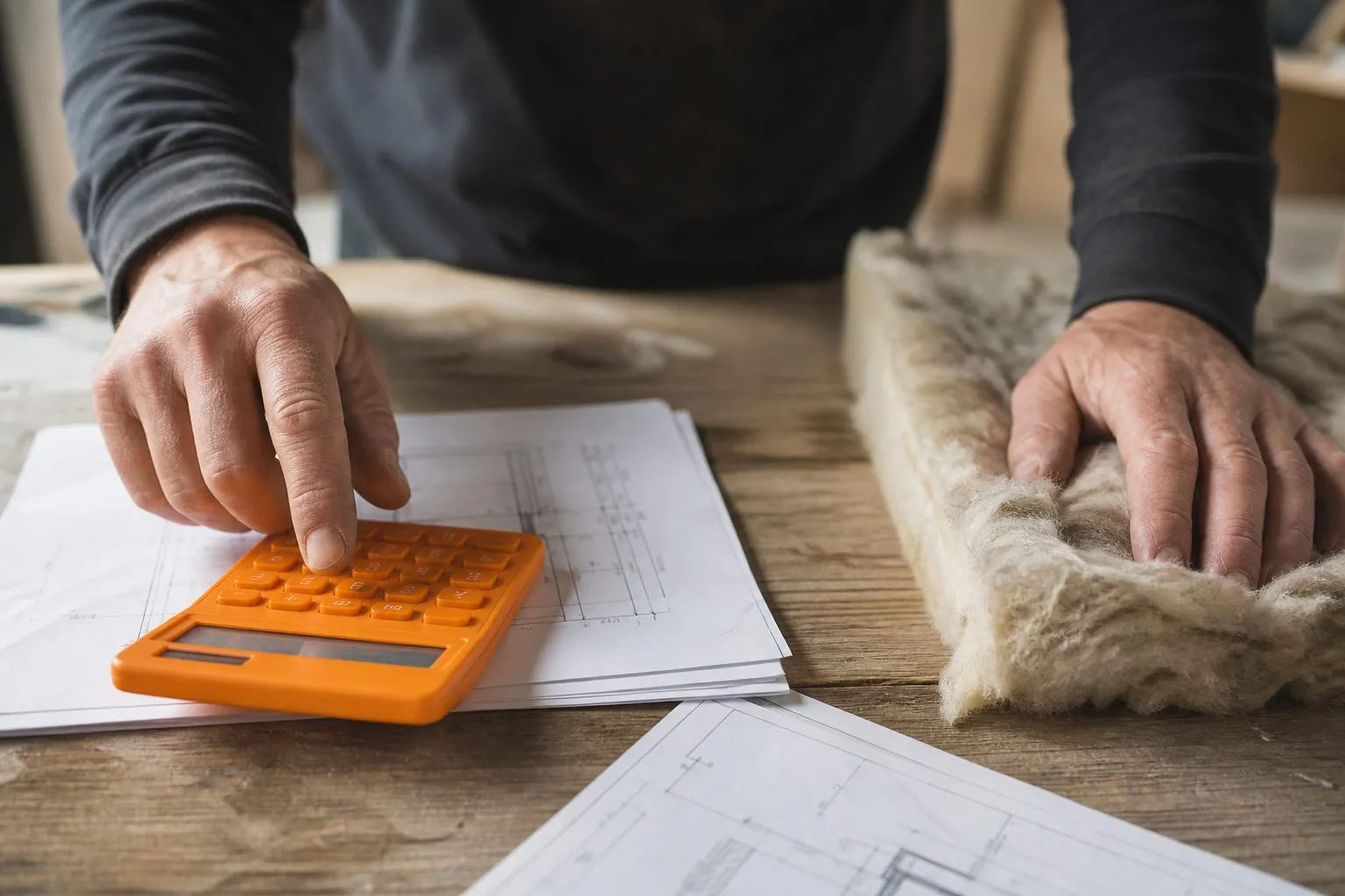 Artisan calculant le montant d'une prime CEE près d'un échantillon d'isolant
