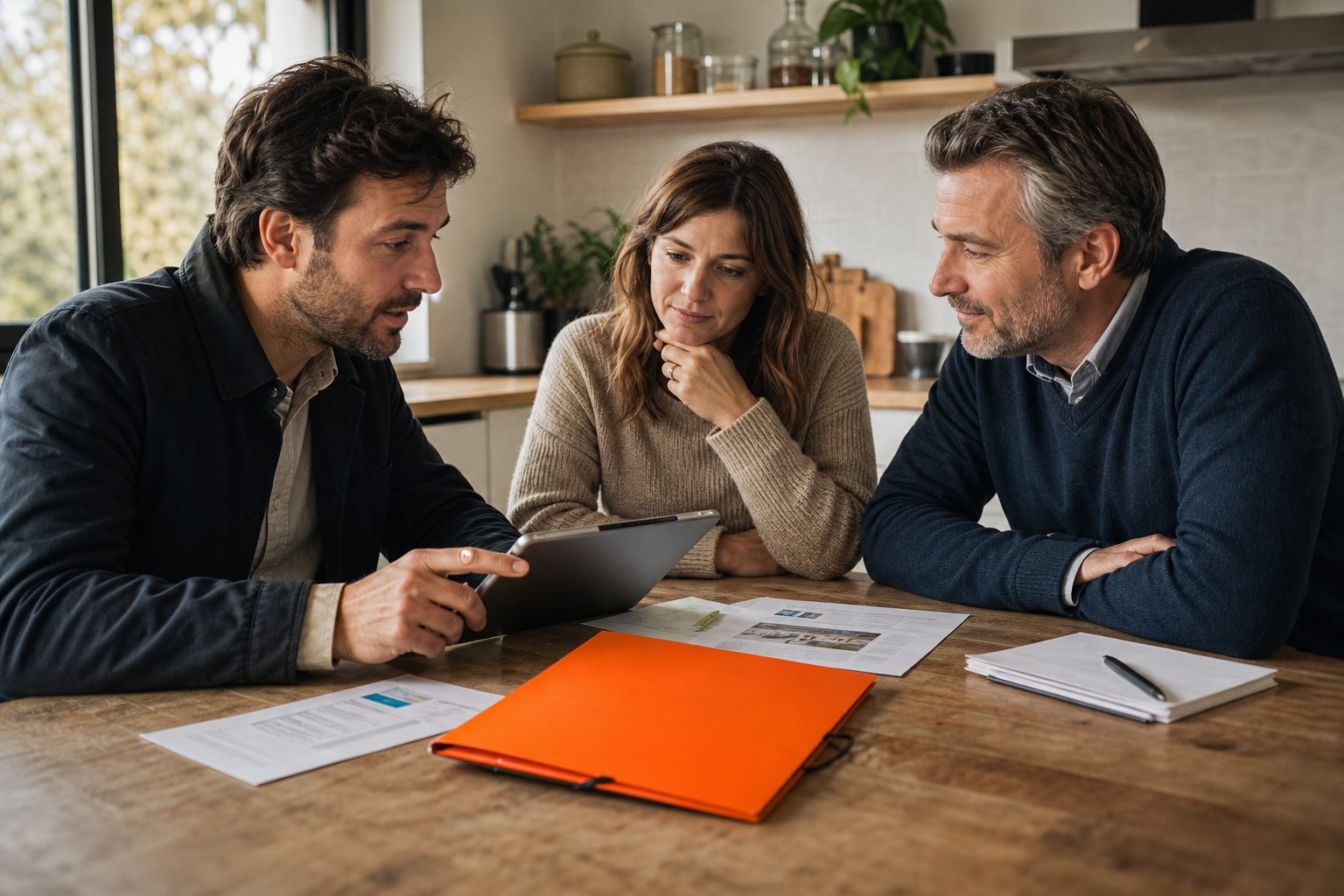 Propriétaires et conseiller estimant MaPrimeRénov' sur une tablette