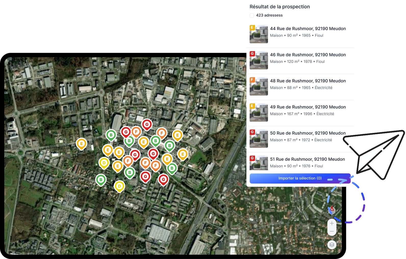 Vue satellite d'une zone urbaine avec des marqueurs colorés de A à G indiquant des adresses spécifiques. Sur la droite, un panneau liste des résultats de prospection avec six adresses sur Rue de Rushmoor, 92190 Meudon, détaillant le type de maison, surface en mètres carrés, année de construction, et type de chauffage (Fioul ou Électricité). En bas, un bouton bleu « Importer la sélection (0) » et une icône de papier avion indiquent une action possible.
