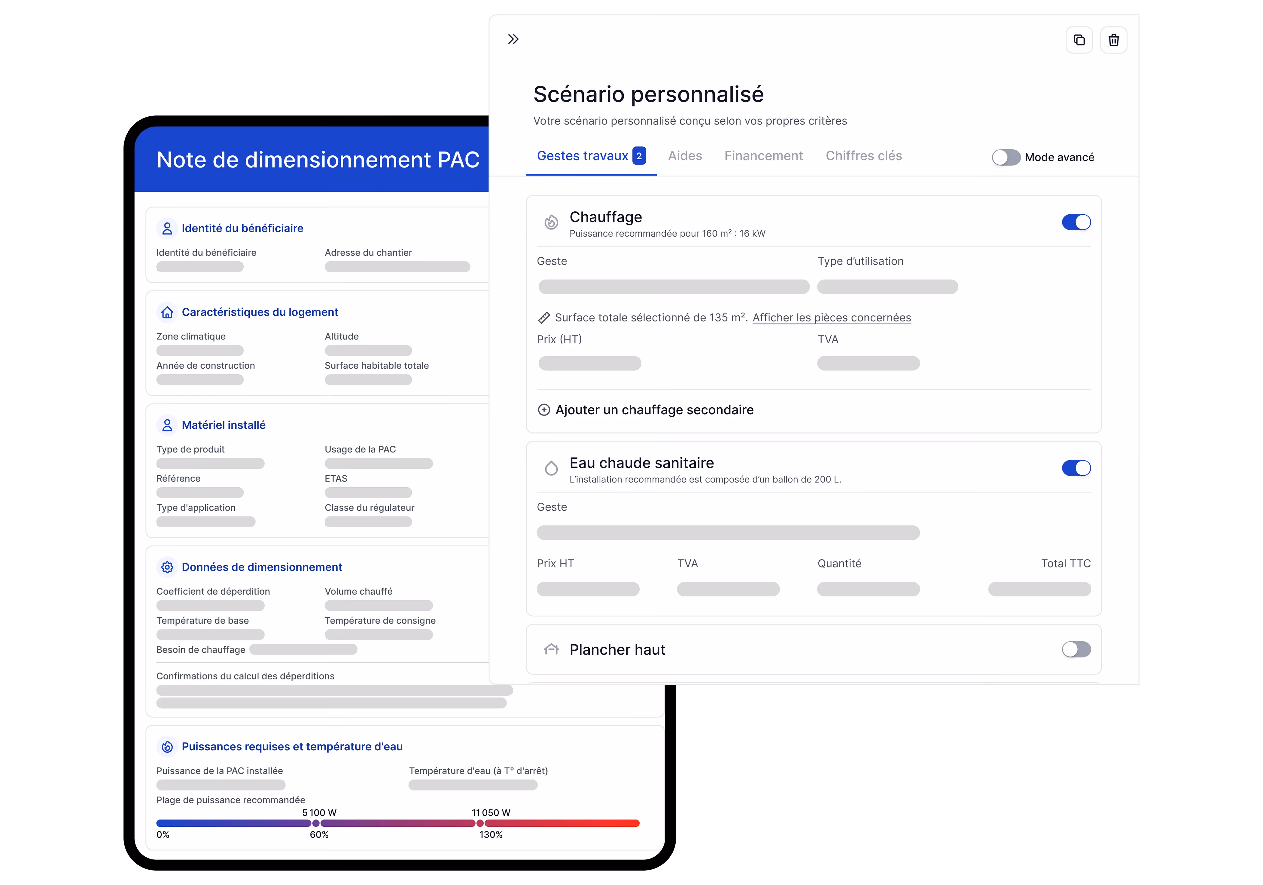 Capture d'écran d'une interface logicielle en français montrant un scénario personnalisé pour le dimensionnement d'une pompe à chaleur (PAC). À gauche, un résumé des informations du bénéficiaire, caractéristiques du logement, matériel installé, données de dimensionnement et puissances requises. À droite, une section de sélection de gestes travaux incluant chauffage avec puissance recommandée de 16 kW pour 160 m², eau chaude sanitaire avec ballon de 200 L, et option pour plancher haut désactivée. Mode avancé activable et onglets pour aides, financement, chiffres clés.