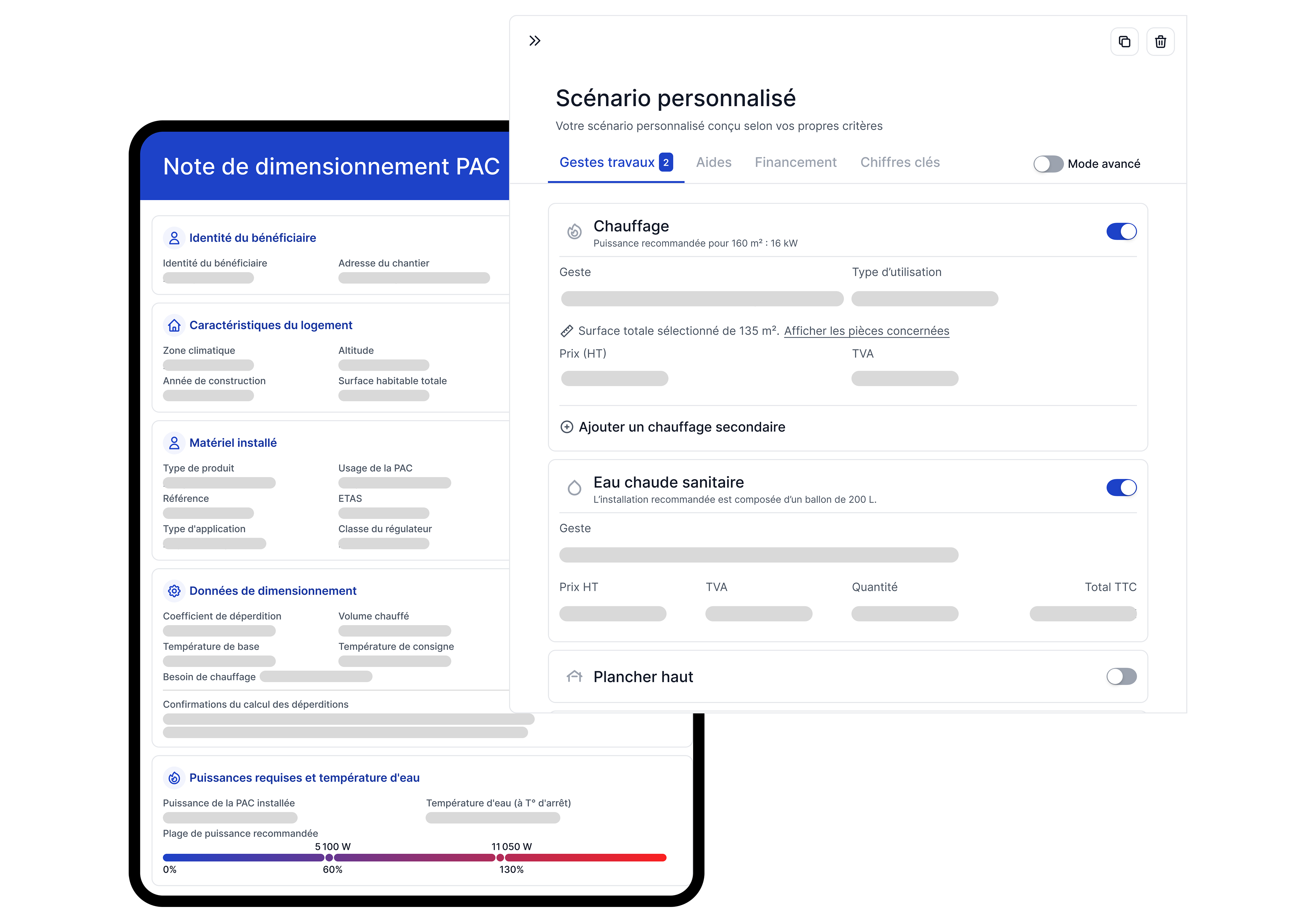 Capture d'écran d'une interface logicielle en français montrant un scénario personnalisé pour le dimensionnement d'une pompe à chaleur (PAC). À gauche, un résumé des informations du bénéficiaire, caractéristiques du logement, matériel installé, données de dimensionnement et puissances requises. À droite, une section de sélection de gestes travaux incluant chauffage avec puissance recommandée de 16 kW pour 160 m², eau chaude sanitaire avec ballon de 200 L, et option pour plancher haut désactivée. Mode avancé activable et onglets pour aides, financement, chiffres clés.