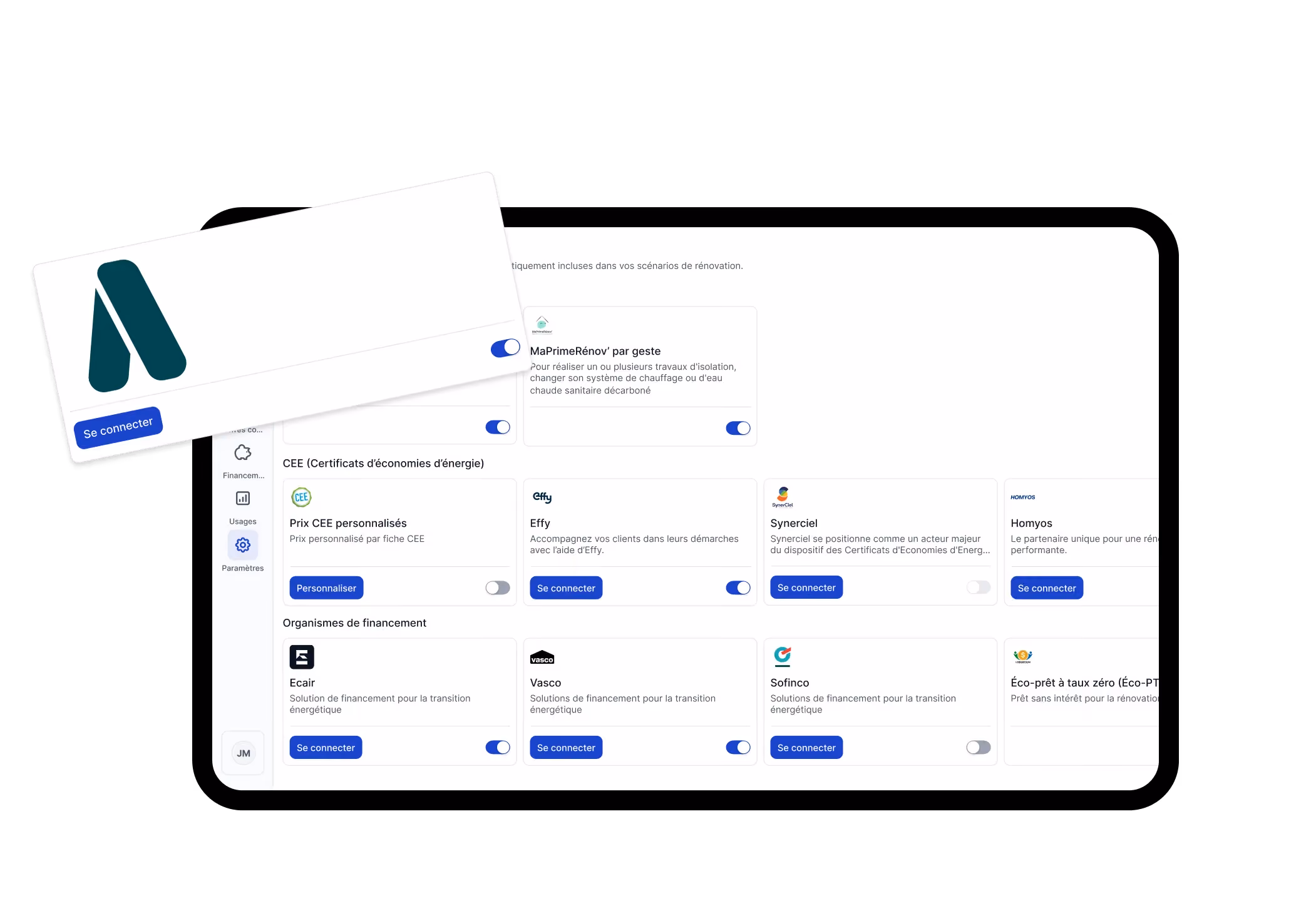 Capture d'écran d'une interface logicielle présentant des options de connexion pour divers services liés aux certificats d'économies d'énergie (CEE) et aux organismes de financement pour la transition énergétique, avec des boutons bleus "Se connecter" et des interrupteurs à bascule.