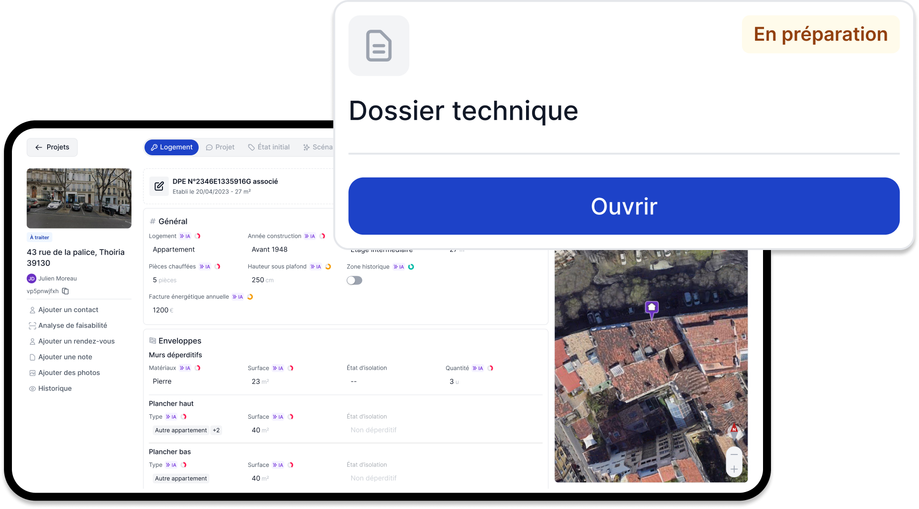 Vue satellite d'une zone urbaine avec des marqueurs colorés de A à G indiquant des adresses spécifiques. Sur la droite, un panneau liste des résultats de prospection avec six adresses sur Rue de Rushmoor, 92190 Meudon, détaillant le type de maison, surface en mètres carrés, année de construction, et type de chauffage (Fioul ou Électricité). En bas, un bouton bleu « Importer la sélection (0) » et une icône de papier avion indiquent une action possible.