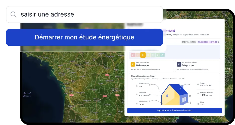Étude énergétique kelvin° avec carte, DPE E et déperditions du logement.