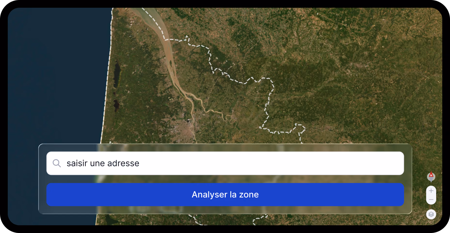Interface de ciblage cartographique avec saisie d'adresse et analyse de zone.