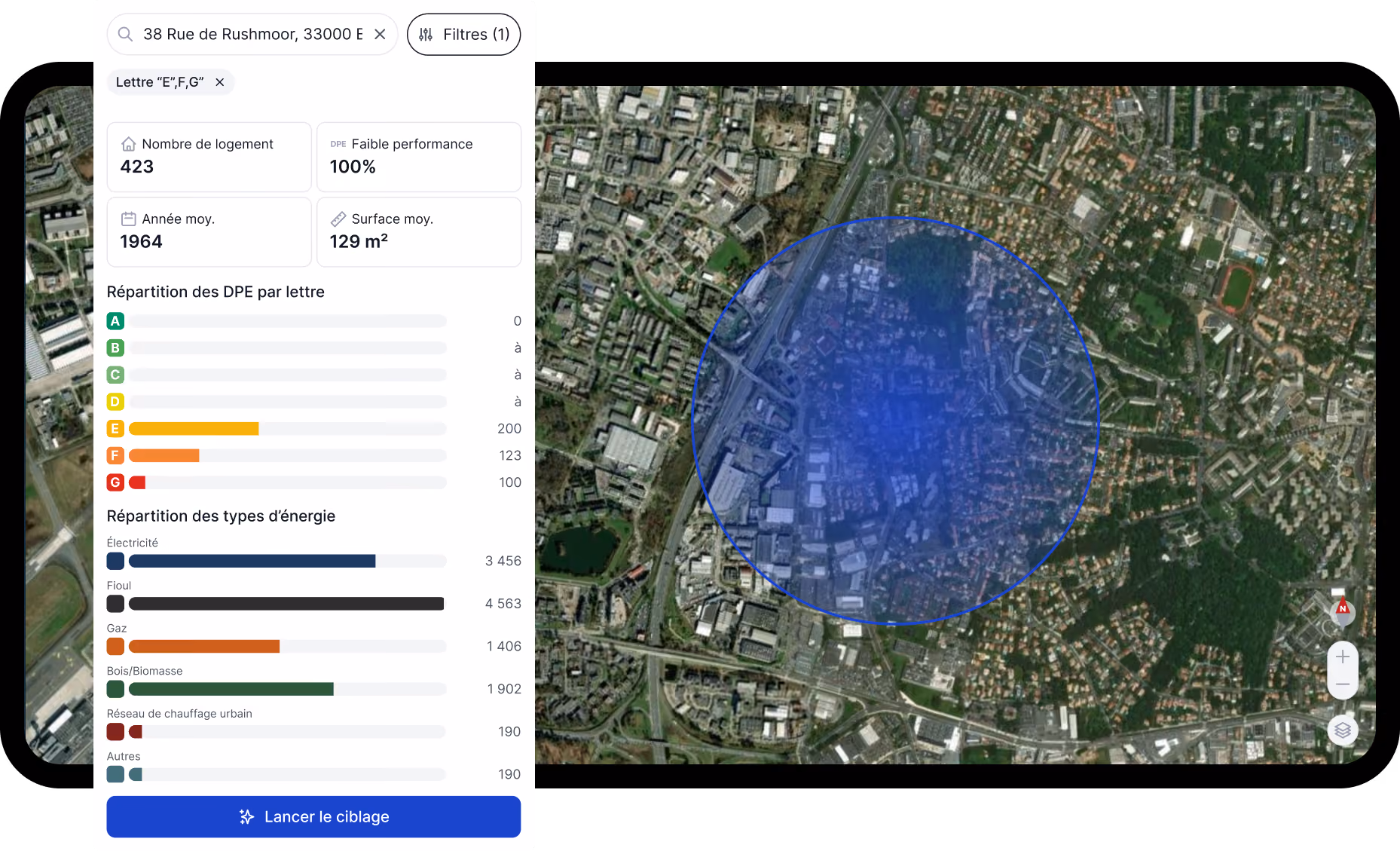 Tableau de bord de ciblage terrain avec carte satellite et statistiques DPE E, F et G.