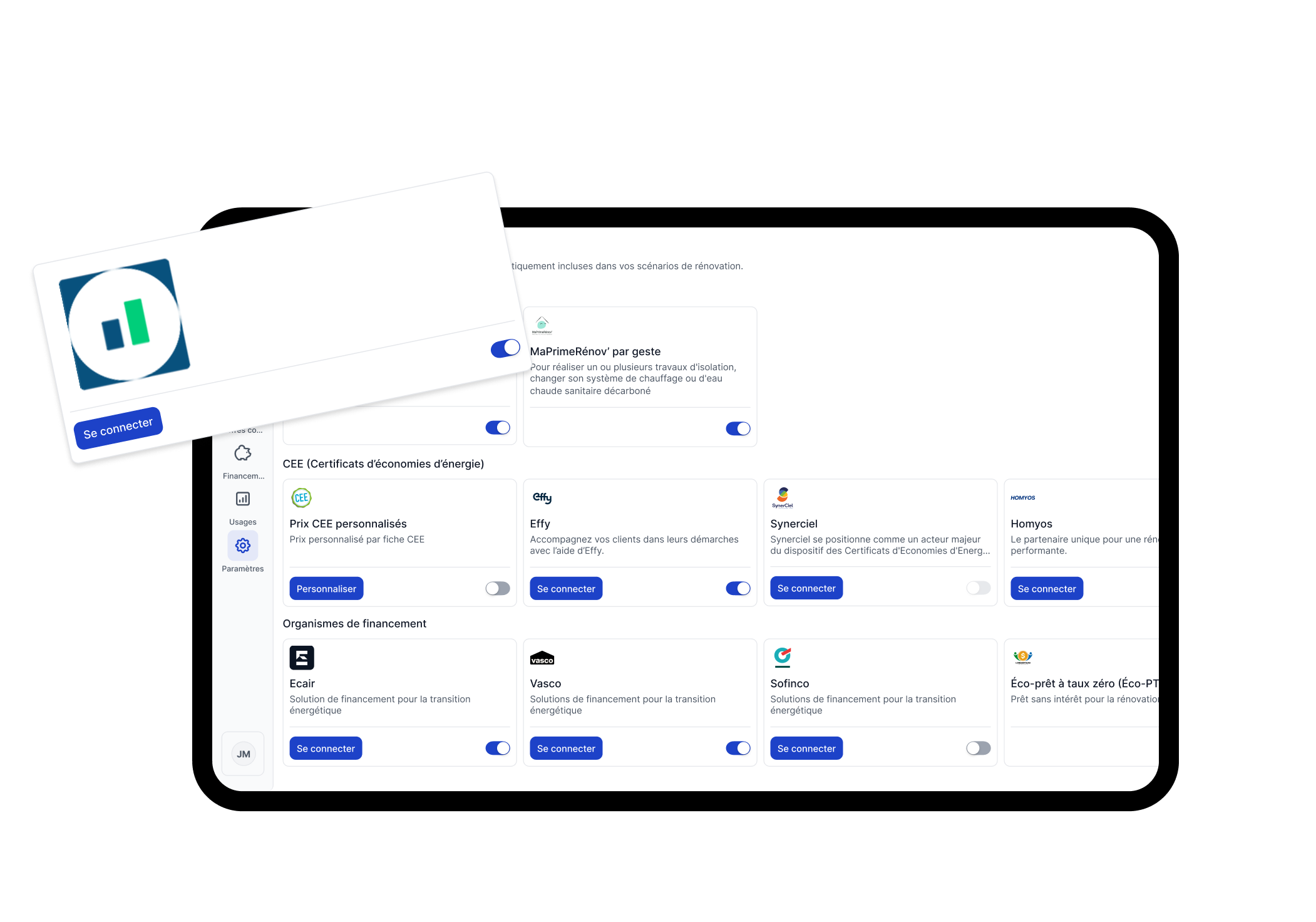 Capture d'écran d'une interface logicielle présentant des options de connexion pour divers services liés aux certificats d'économies d'énergie (CEE) et aux organismes de financement pour la transition énergétique, avec des boutons bleus "Se connecter" et des interrupteurs à bascule.
