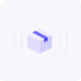 Illustration of a closed purple package box with a ribbon in the center emitting subtle signal waves.