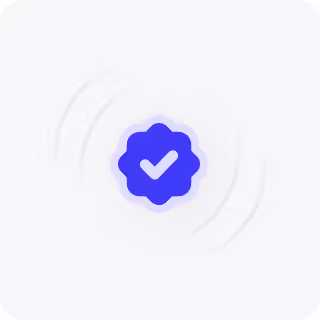 Blue verified badge with a checkmark inside a wavy-edged circle on a light background.