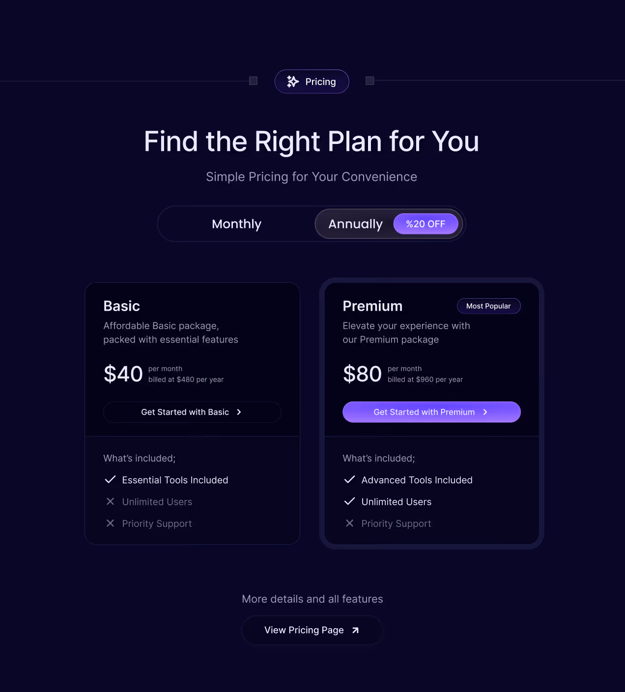 ai pricing page dark theme ui