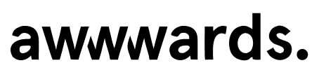 Three abstract white shapes resembling eyes and an oval on a black background saying awwwards.