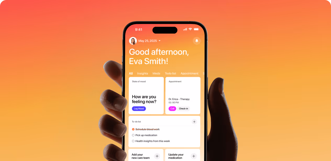 Hand holding a smartphone showing a health app greeting Eva Smith with mood and appointment options by Wavespace.