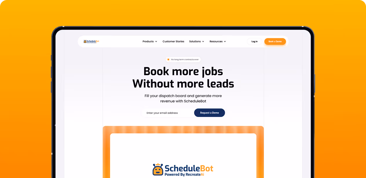 Tablet screen showing ScheduleBot website by Wavespace with tagline Book more jobs without more leads on orange background.
