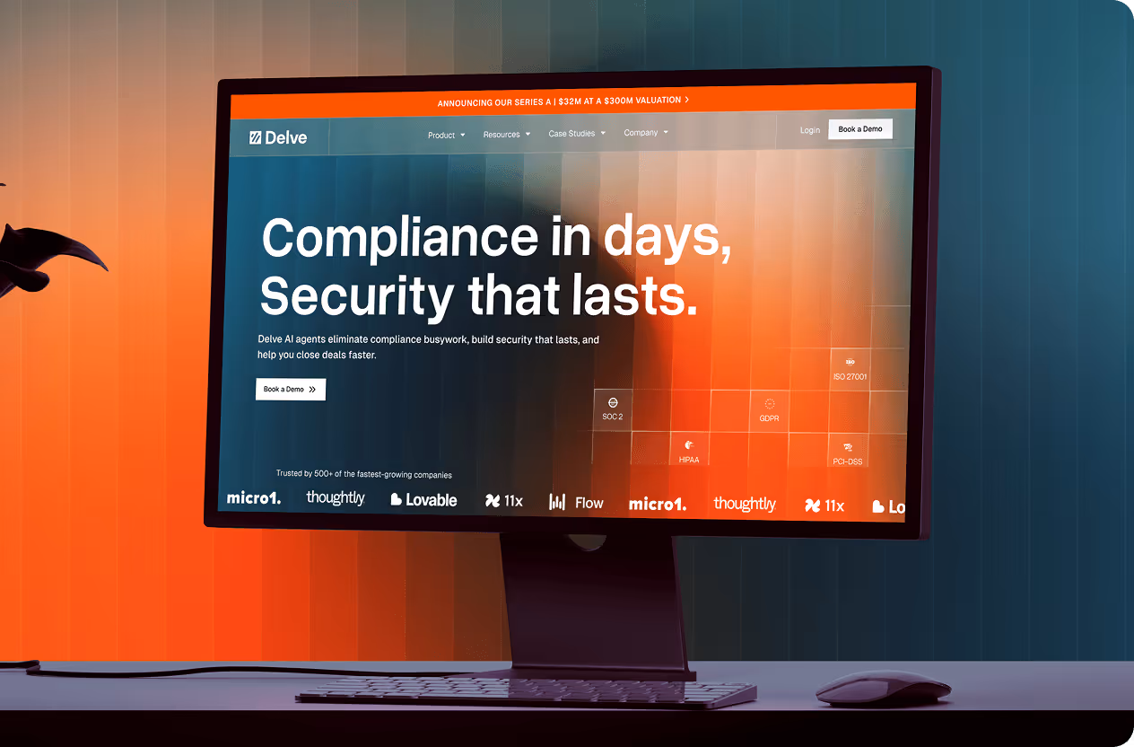 Computer monitor displaying Delve's homepage with tagline on security and compliance services by Wavespace.