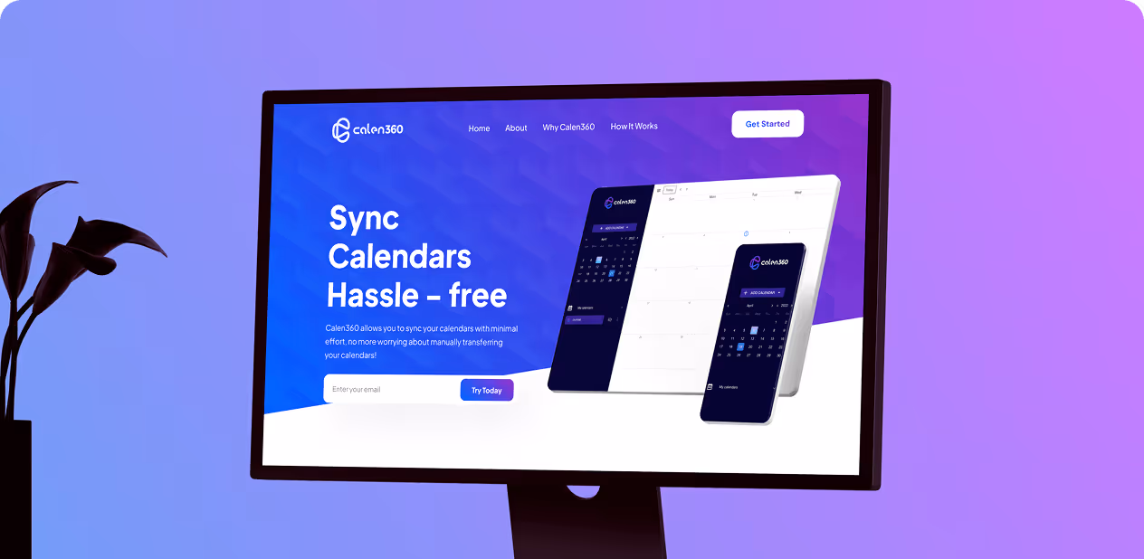 Computer screen showing Calen360 calendar sync app with blue and purple interface and call to action buttons by Wavespace.