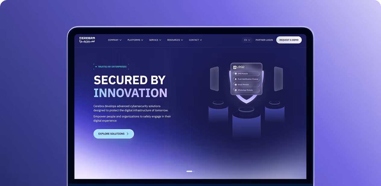 Laptop screen showing cybersecurity site with 'Secured by Innovation' and solution modules listed by wavespace.