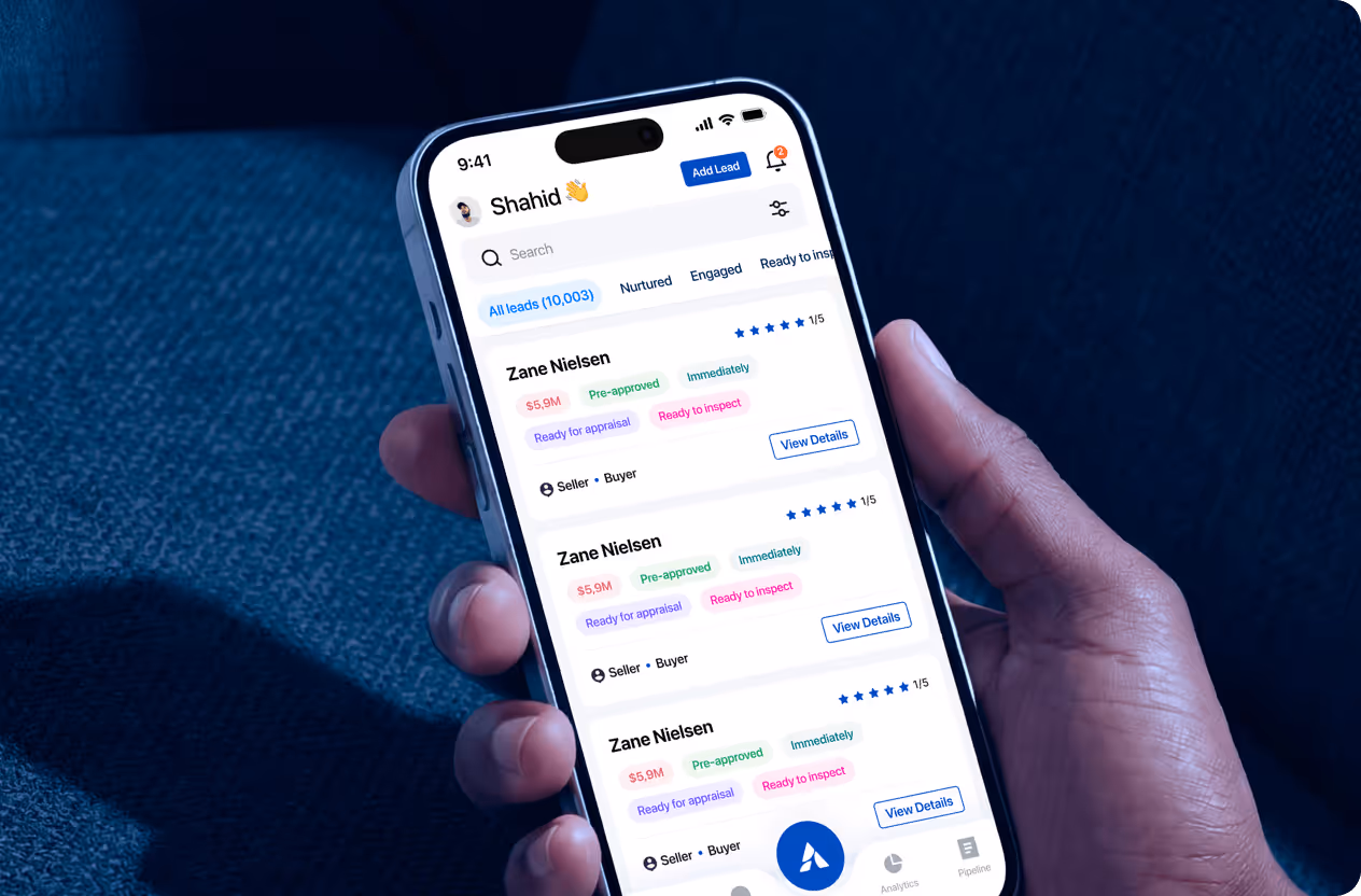 Mobile CRM app screen showing leads named Zane Nielsen by wavespace with statuses, ratings, and action buttons.