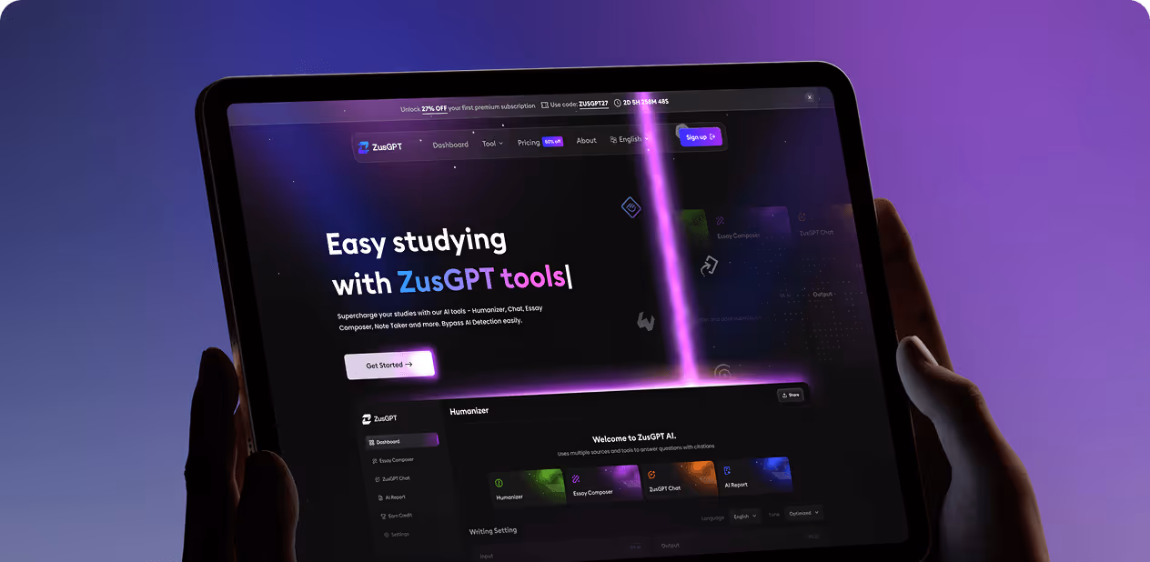 Hands holding tablet displaying ZusGPT AI tools by wavespace website for easy studying and essay composing.